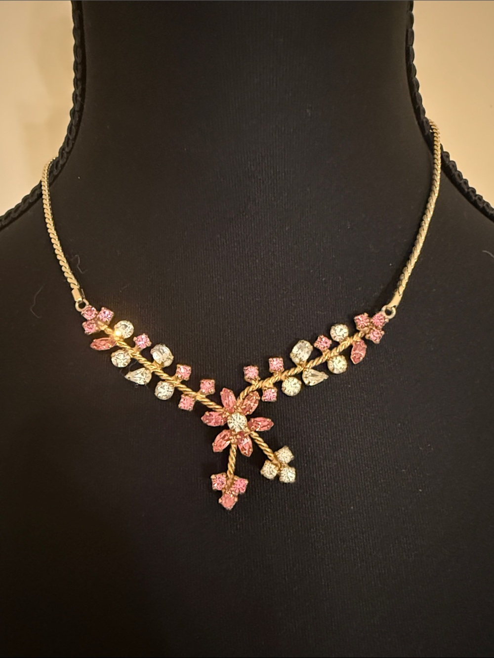 Pink Rhinestone Floral Statement Necklace 8” drop Goldtone